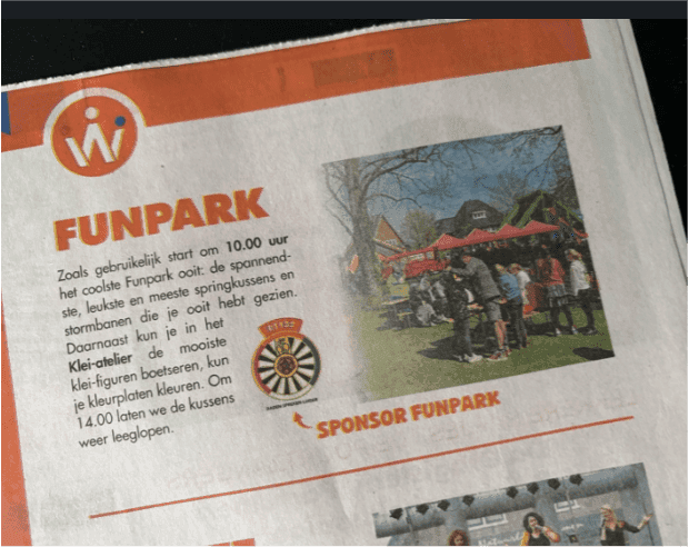Krantenbericht over het Funpark op Koningsdag met Ronde Tafel 132 als sponsor